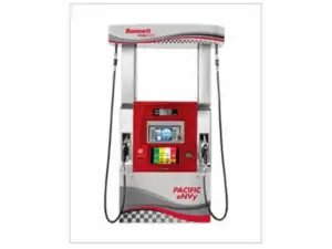 Front view of a Bennett Pacific eNVy gas pump with red and silver branding and a digital display.