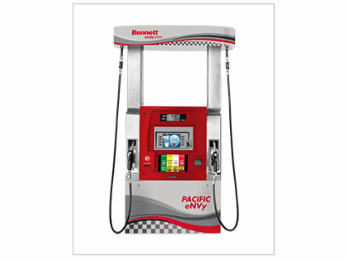 Front view of a Bennett Pacific eNVy gas pump with red and silver branding and a digital display.